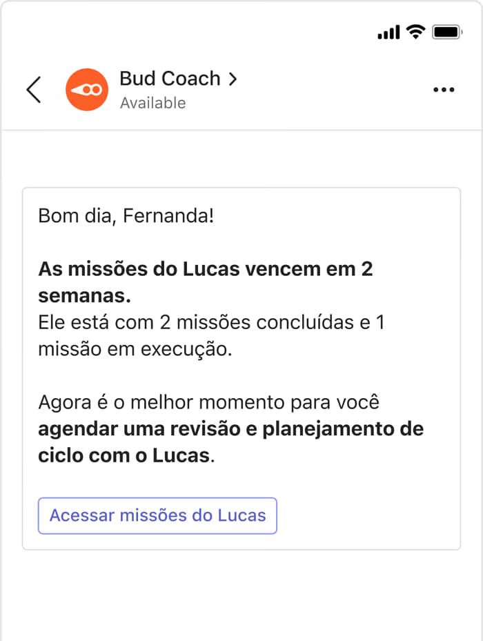 Mockup do Microsoft Teams exibindo a conversa do Bud Coach.